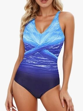 Women Athletic Ocean Print Modest Beach Onepiece Bathing Swimming V Neck Cross